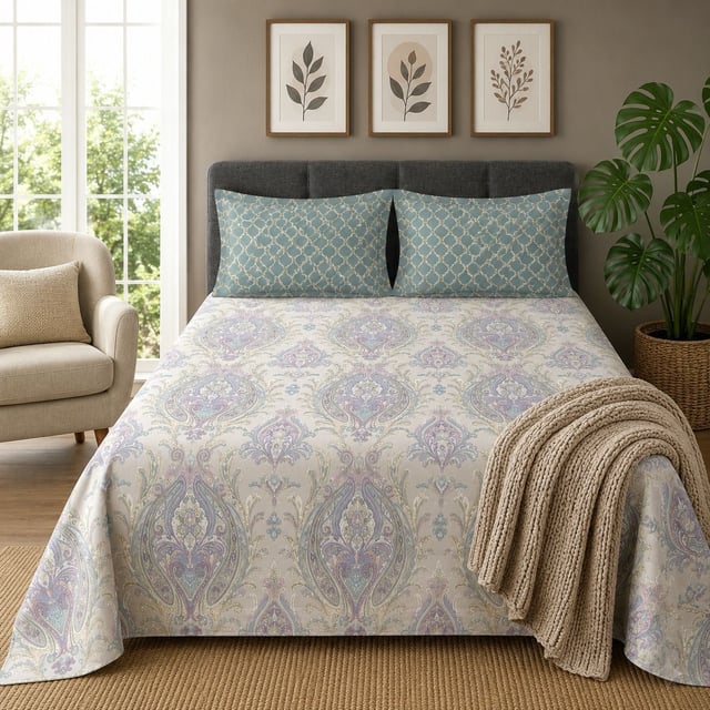 King Size Polycot Bedsheet, Lilac Damask