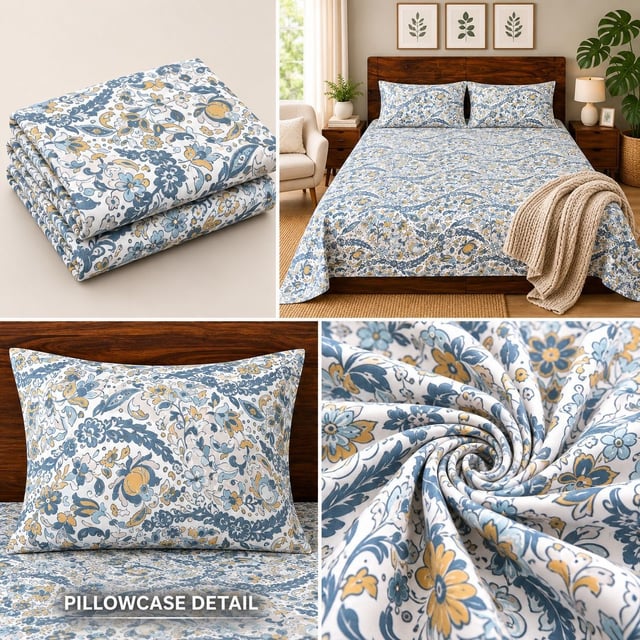Double Bed Polycot Bedsheet, Jacobean Blue