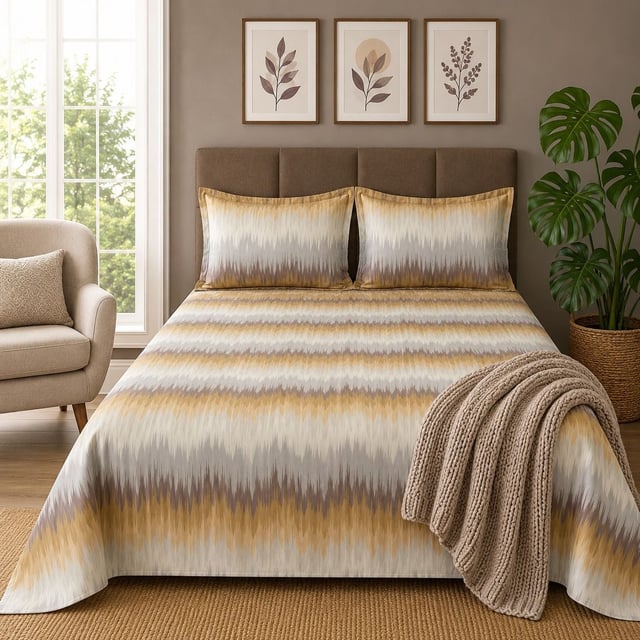 King Size Polycot Bedsheet, Mustard Ikat