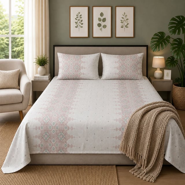 Double Bed Polycot Bedsheet, Rose Tile