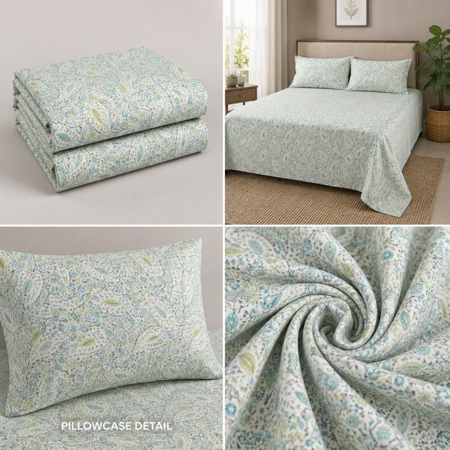 Double Bed Polycot Bedsheet, Mint Ditsy