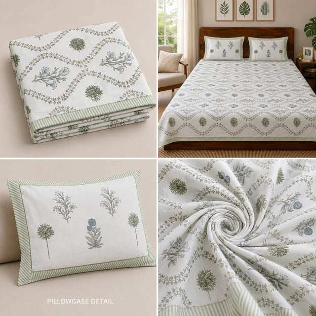 Double Bed XL Jaipuri Cotton Bedsheet, Sage Jaal