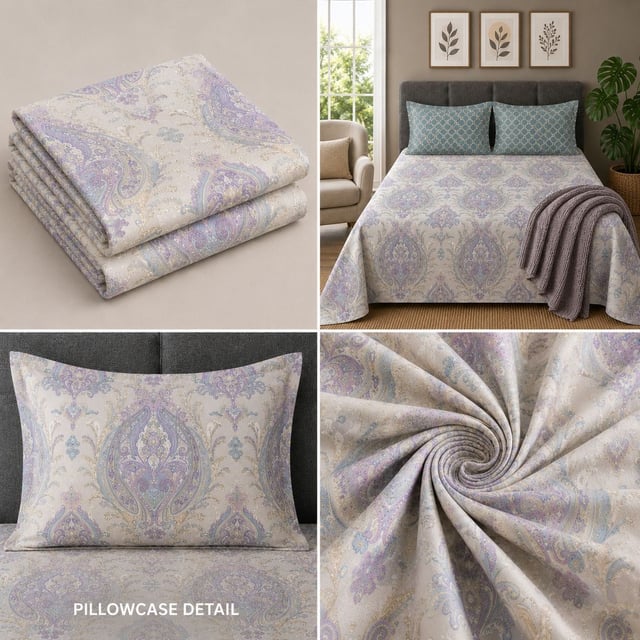 King Size Polycot Bedsheet, Lilac Damask