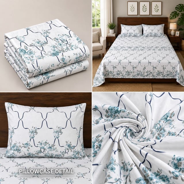 Double Bed Polycot Bedsheet, Teal Trellis