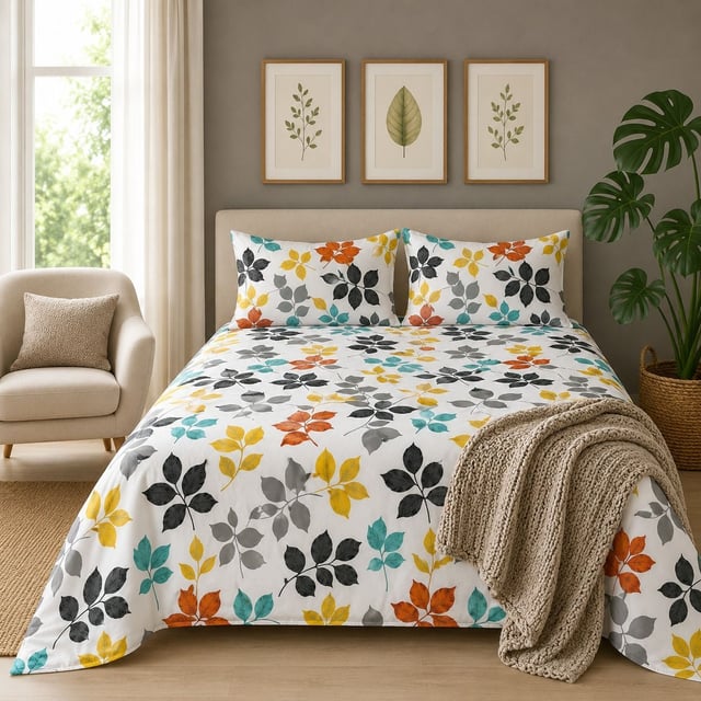 Double Bed Polycot Bedsheet, Tossed Leaves