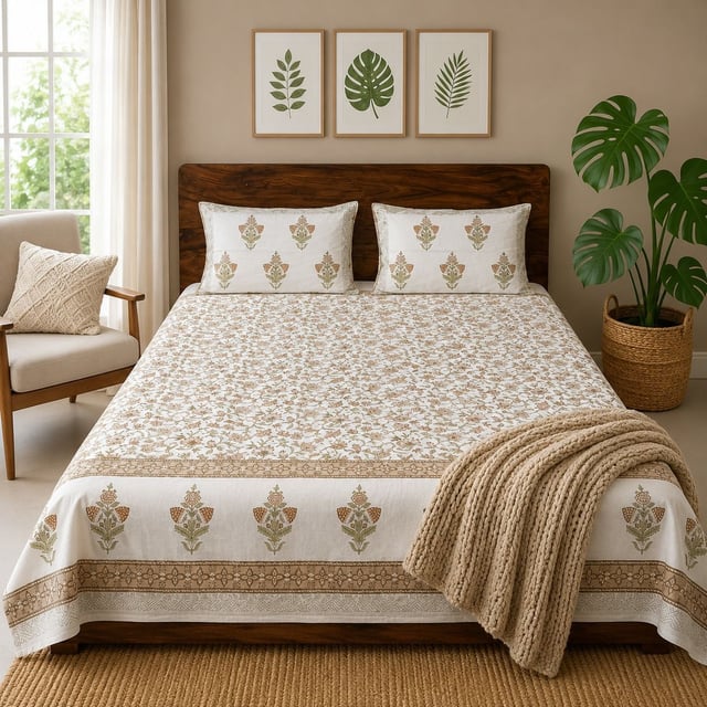 Double Bed XL Jaipuri Cotton Bedsheet, Sage Booti