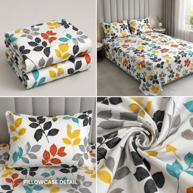 Double Bed Polycot Bedsheet, Tossed Leaves
