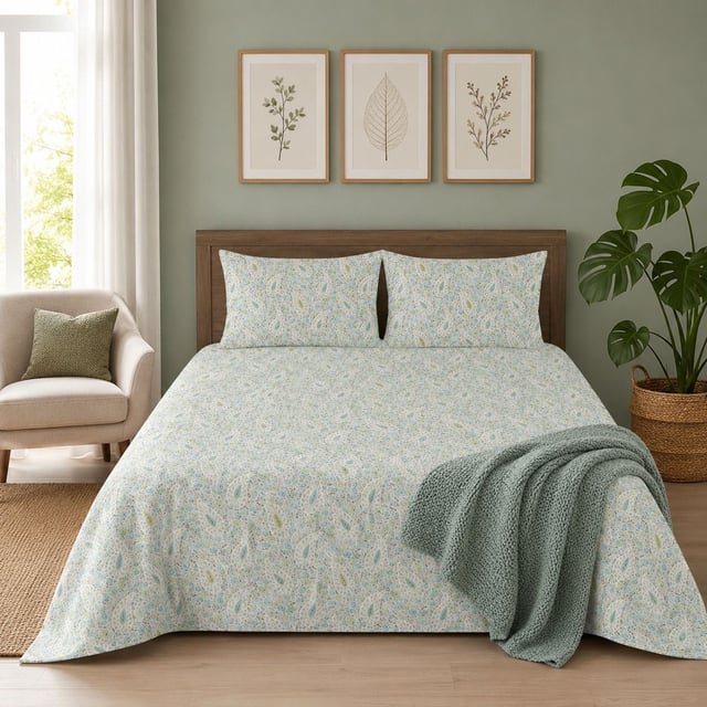 Double Bed Polycot Bedsheet, Mint Ditsy