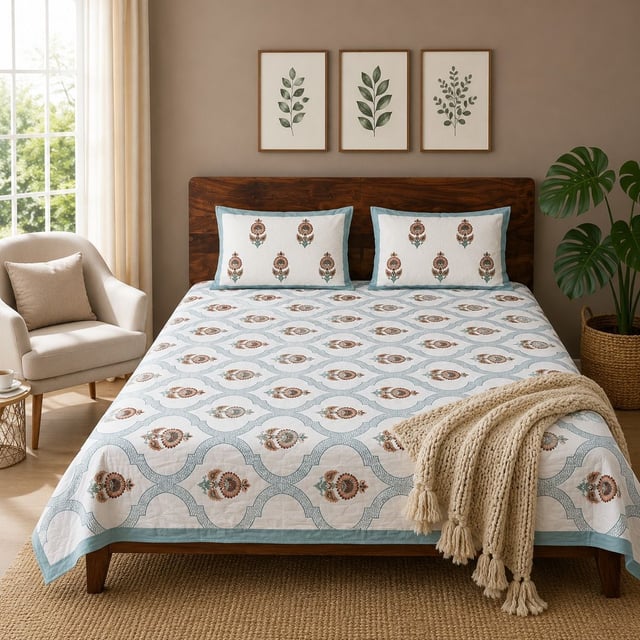 Double Bed XL Jaipuri Cotton Bedsheet, Classic Booti
