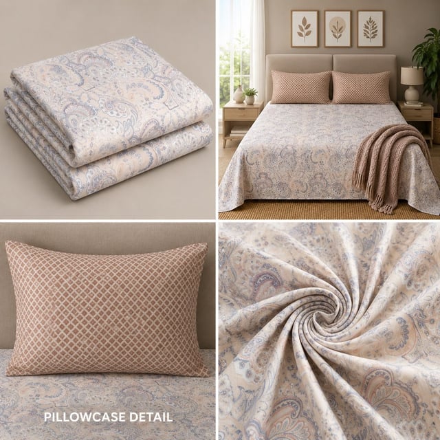King Size Polycot Bedsheet, Powder Paisley