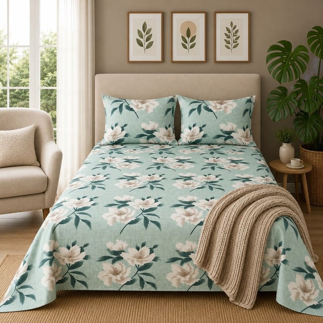 Double Bed Polycot Bedsheet, Teal Magnolia