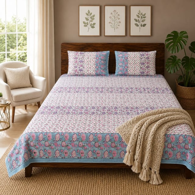 Double Bed XL Jaipuri Cotton Bedsheet, Rose Stripe